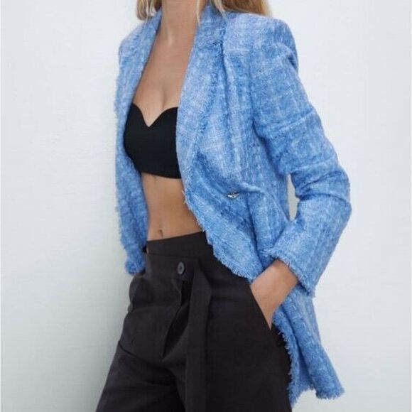 Zara M BLAZER JACKET Tweed Long sky BLUE silver crystallized buttons oversized - Picture 6 of 11